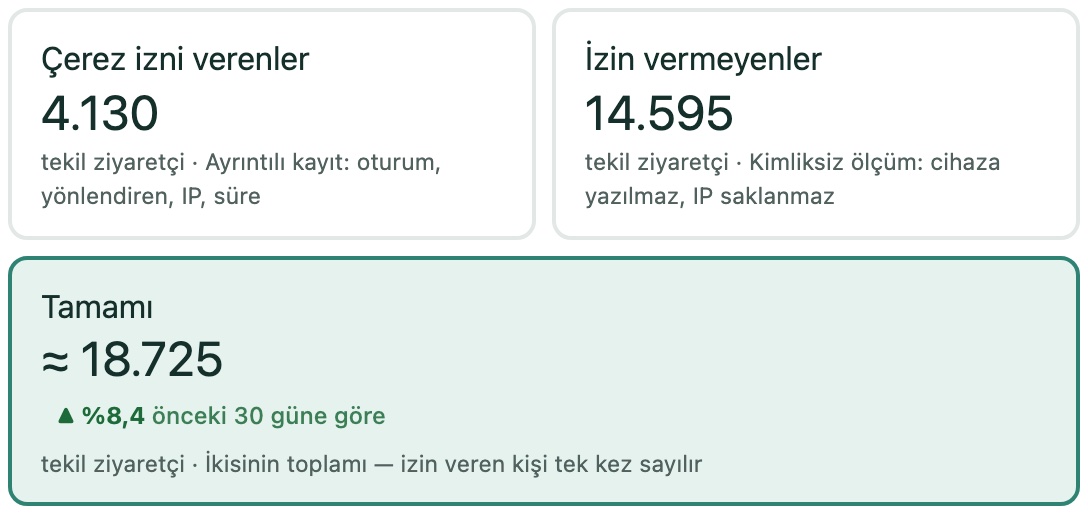 Aynı dönemin özeti: çerez izni verenler 4.130, izin vermeyenler 14.595, tamamı yaklaşık 18.725 tekil ziyaretçi.